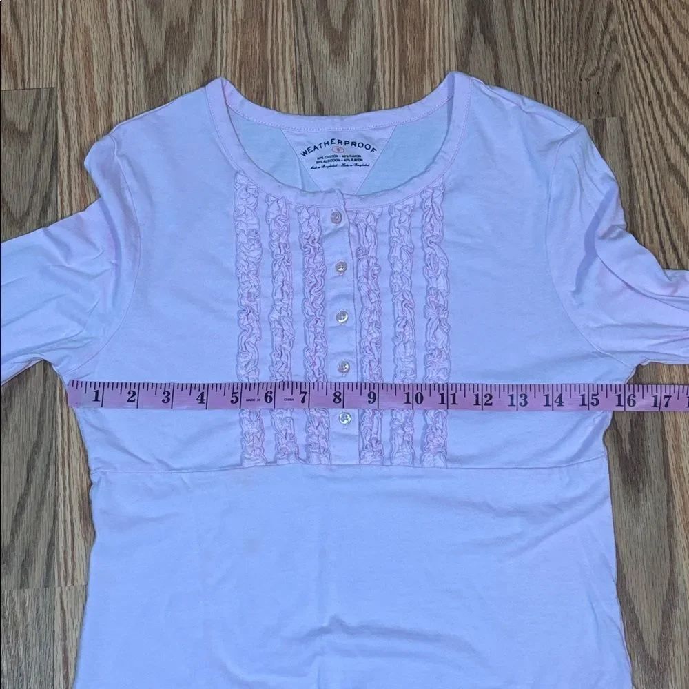 Weatherproof Pink Ruffled Button-Up Top, 3/4 sleeve, Small - Picture 5 of 7